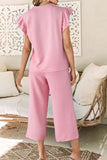 Textured Pearled Ruffled Sleeve Top and Wide Leg Pants Set - felvior