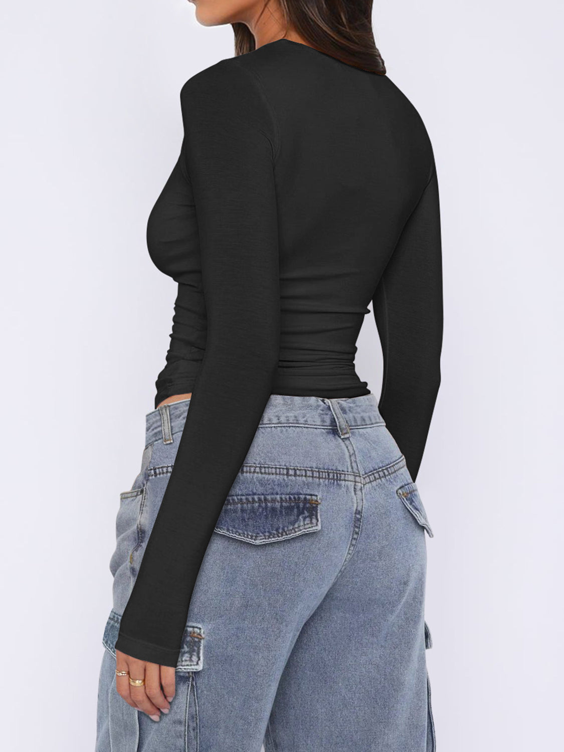 Ruched Asymmetrical Neck Long Sleeve T-Shirt - felvior