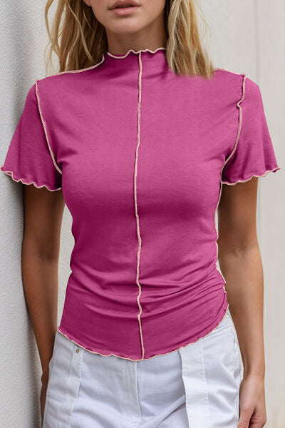 Basic Bae Contrast Trim Mock Neck Short Sleeve T-Shirt - felvior