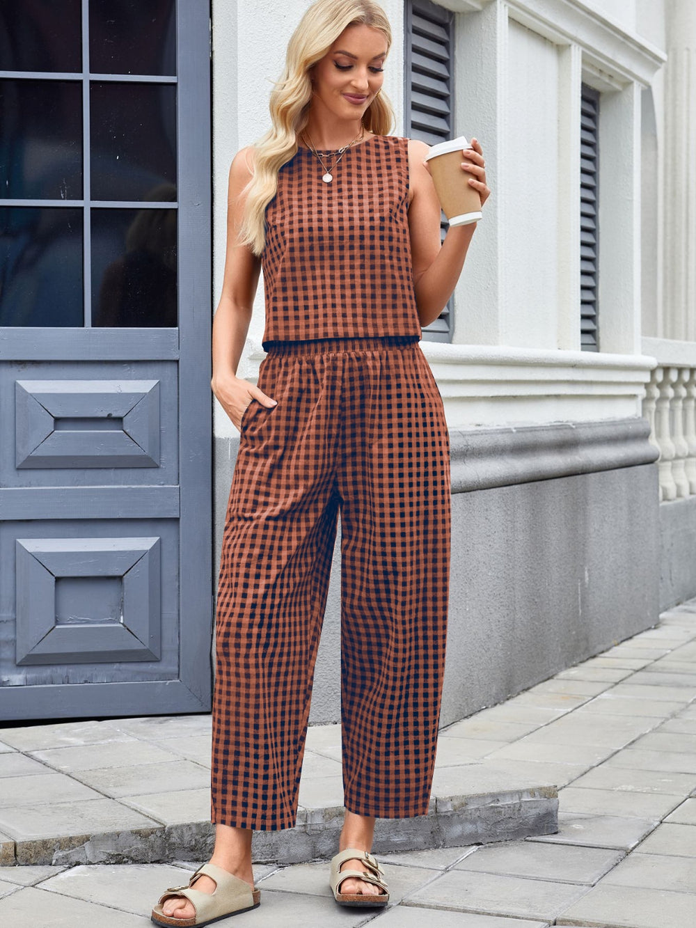 Plaid Sleeveless Top and Pants Set