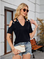 Textured V-Neck Cold Shoulder Top