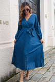 Pleated Long Sleeve Surplice Maxi Dress - felvior