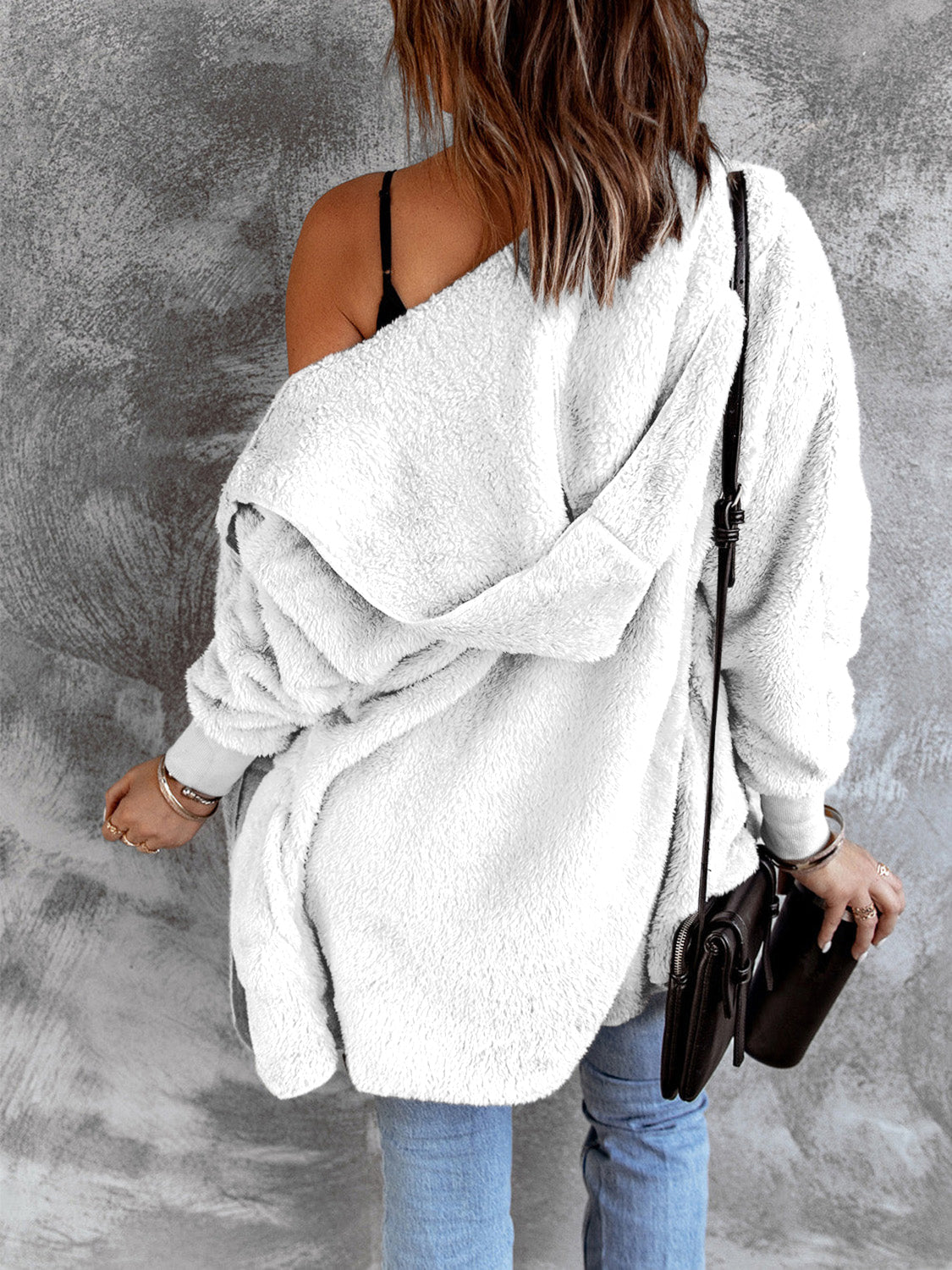 Open Front Hooded Faux Fur Outwear with Pockets - felvior