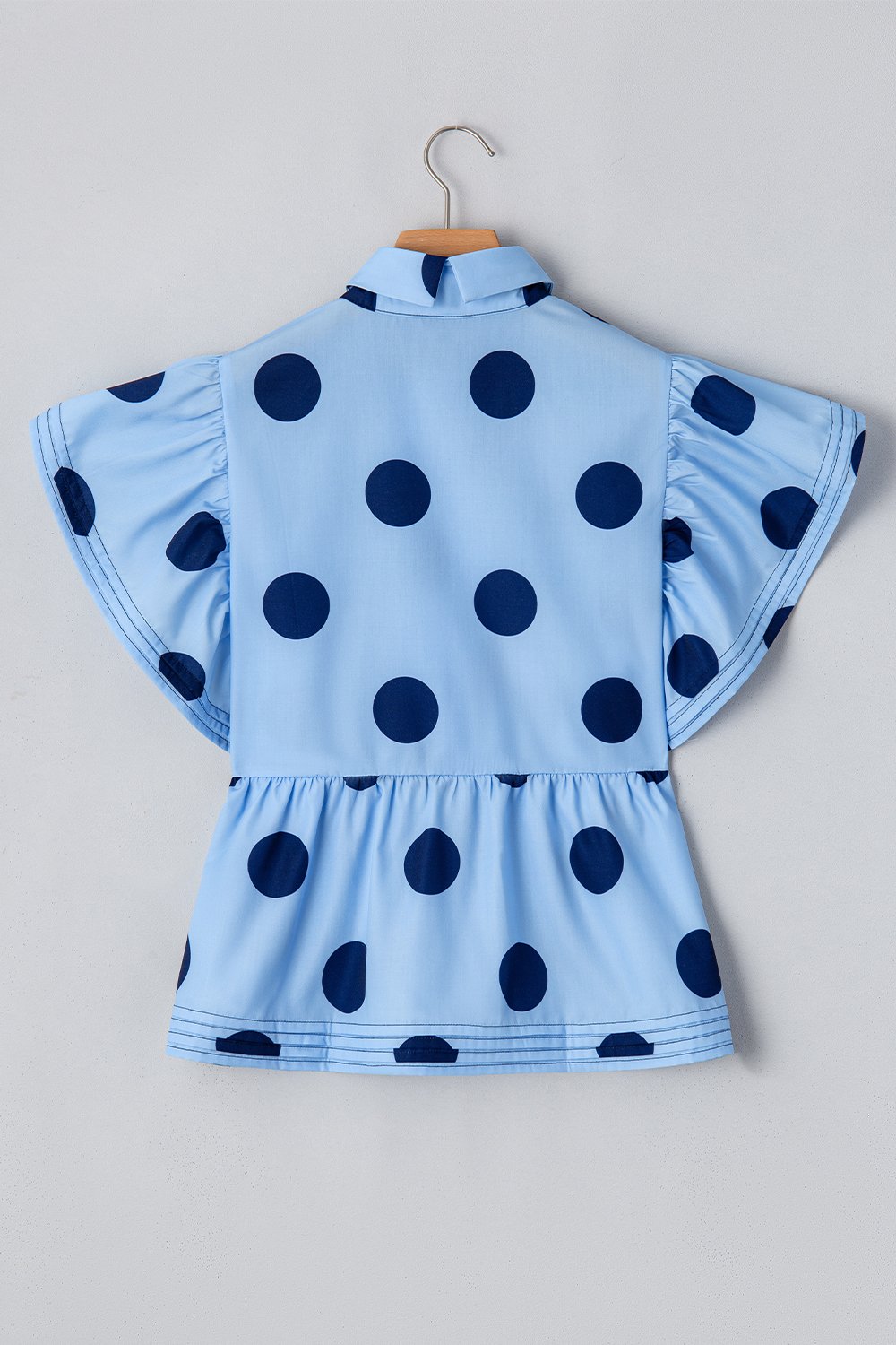 Polka Dot Print Ruffled Short Sleeve Buttoned Collared Blouse - felvior
