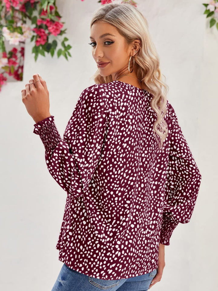 Printed V-Neck Lantern Sleeve Blouse - felvior