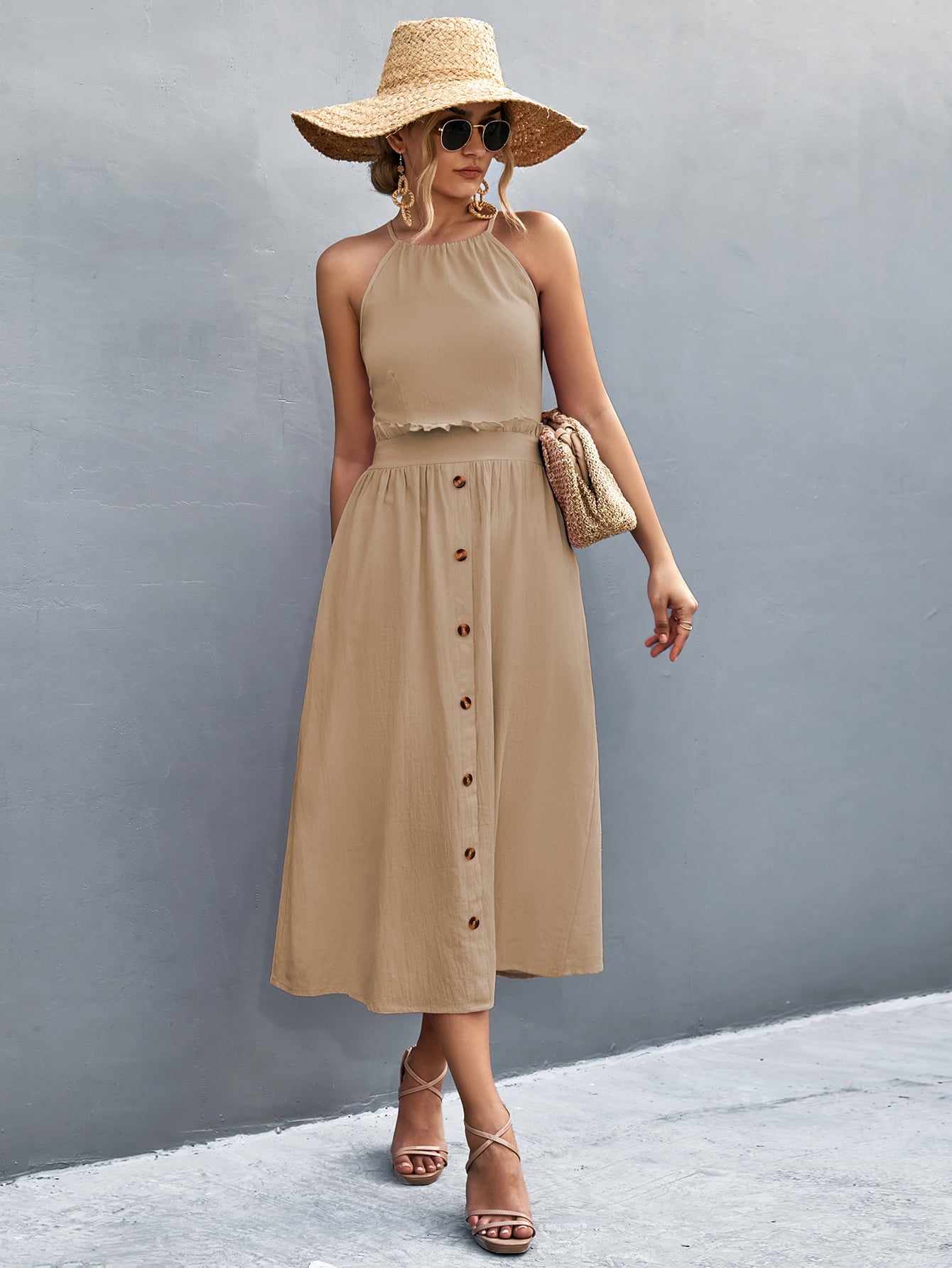 Buttoned Halter Neck Frill Trim Midi Dress - felvior