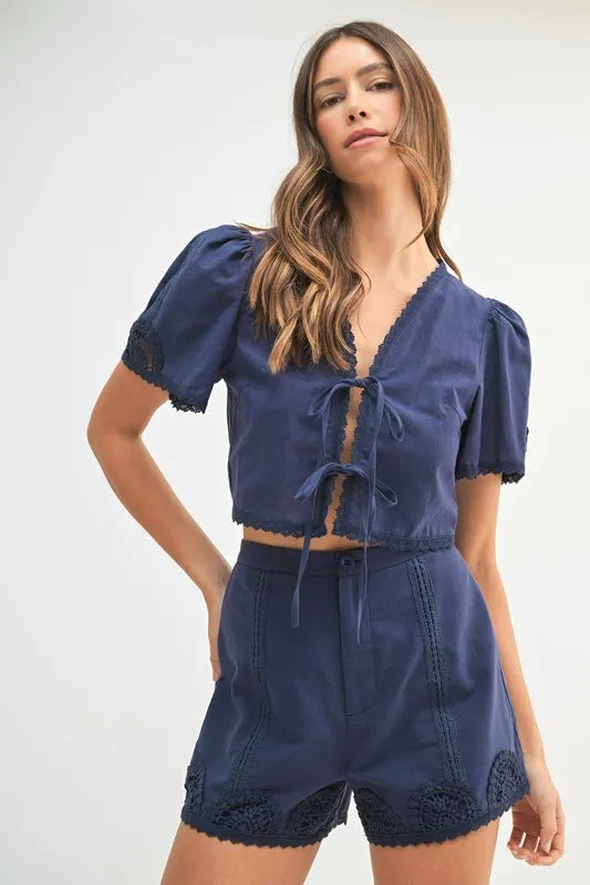 MABLE Crochet Lace Detail Crop Top and Shorts Set - felvior