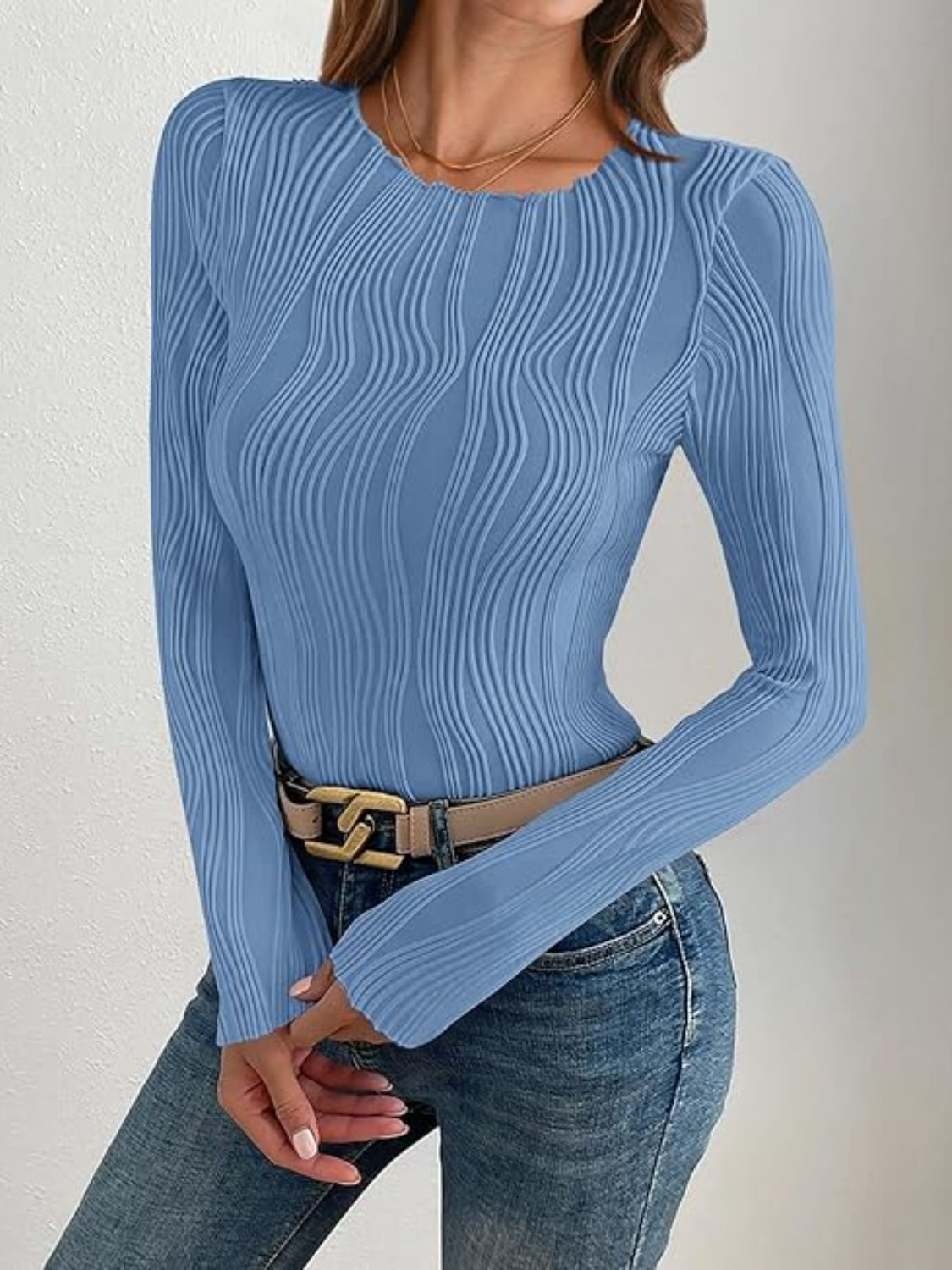 Textured Round Neck Long Sleeve Top - felvior