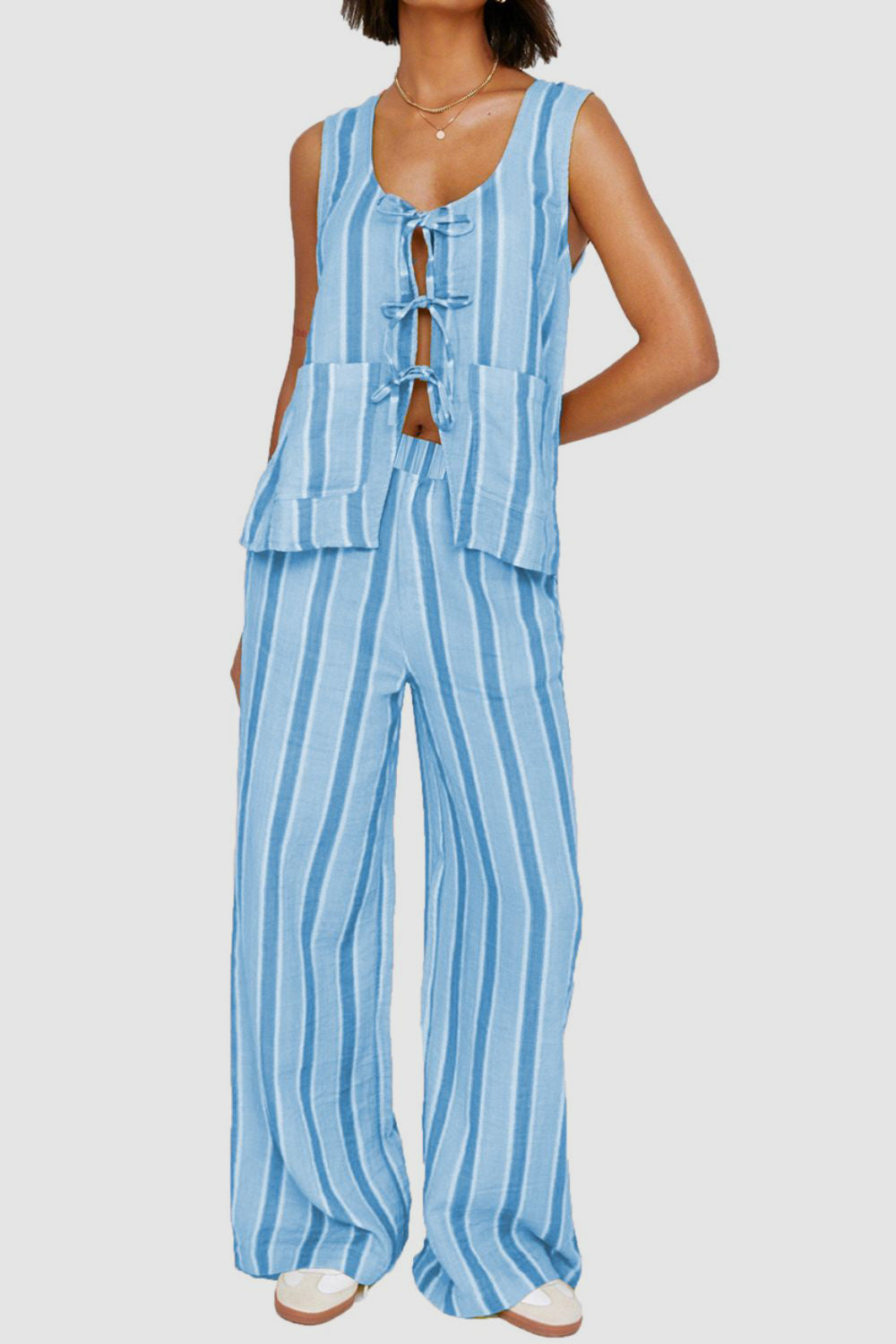Tied Front Striped Top and Pants Set