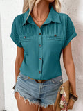 Pleated Detail Collared Neck Short Sleeve Shirt - felvior