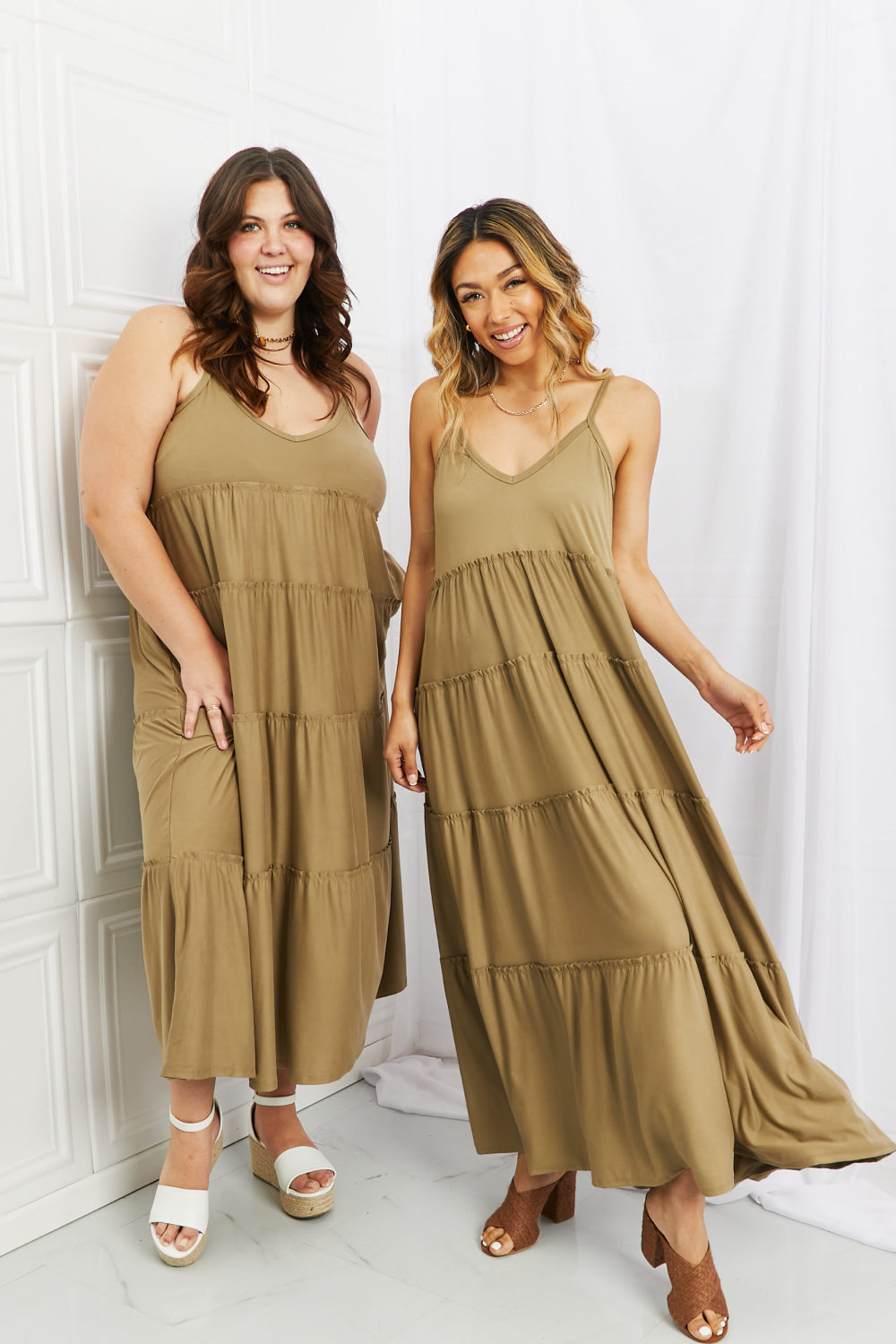 Zenana Full Size Spaghetti Strap Tiered Dress with Pockets in Khaki - felvior