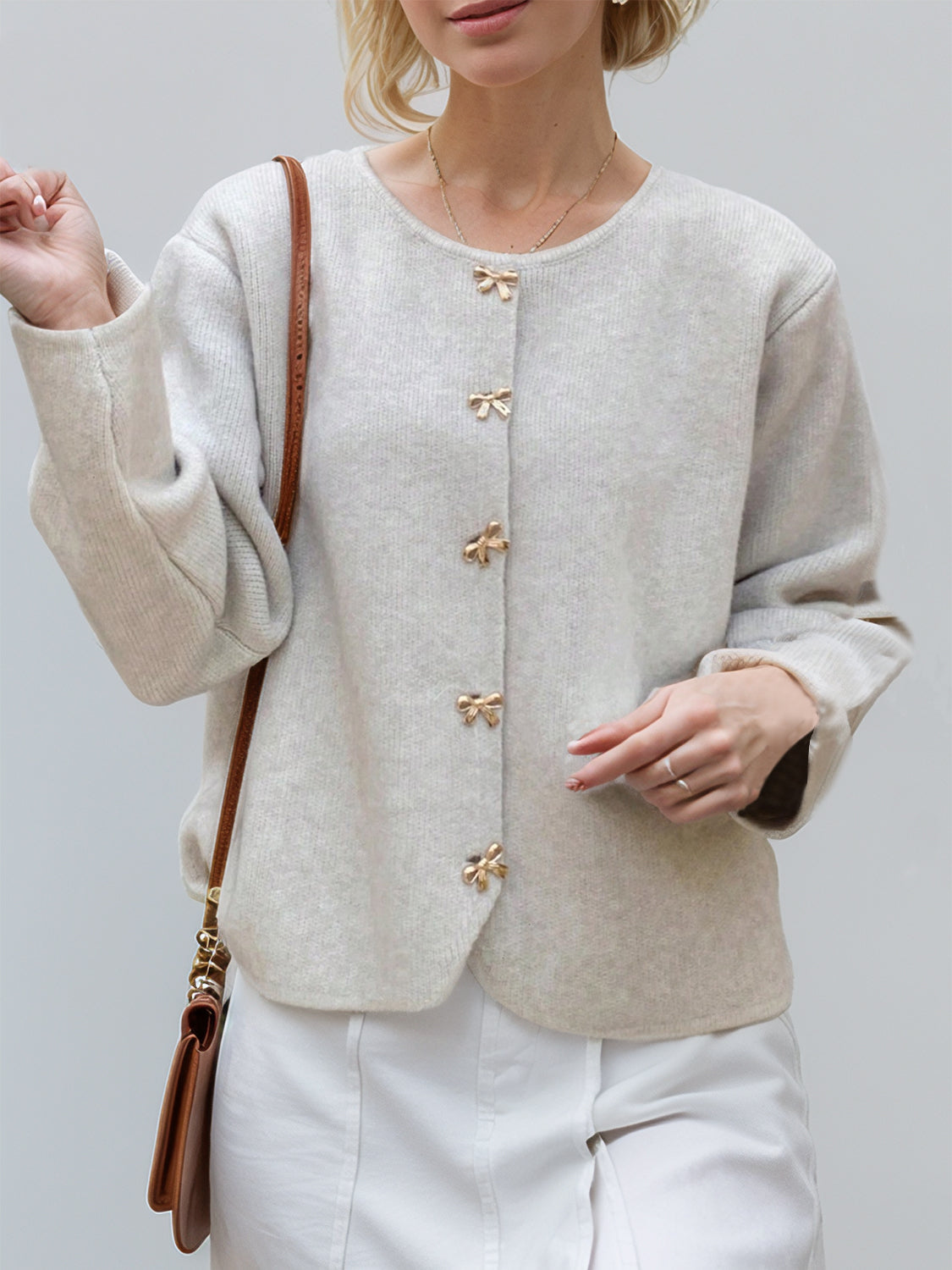 Bow Button Down Round Neck Long Sleeve Cardigan - felvior