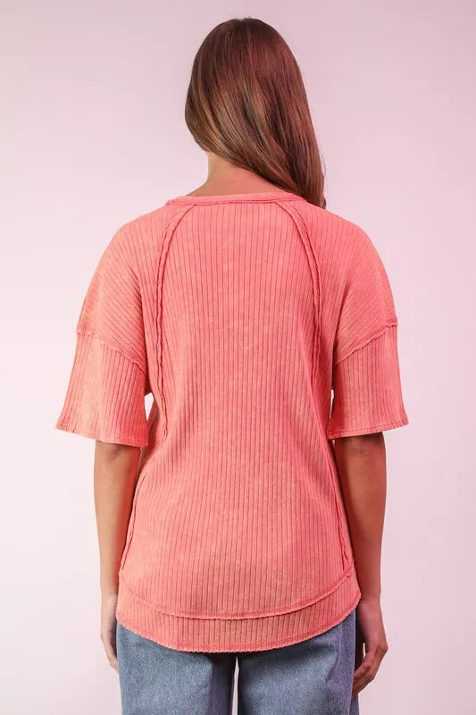 VERY J Mineral Washed Ribbed Knit Casual Top