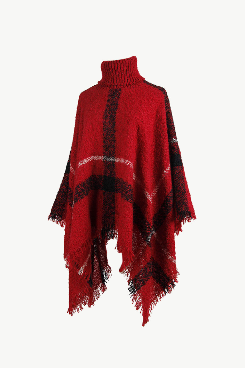 Plaid Turtleneck Raw Hem Poncho - felvior