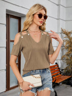 Textured V-Neck Cold Shoulder Top