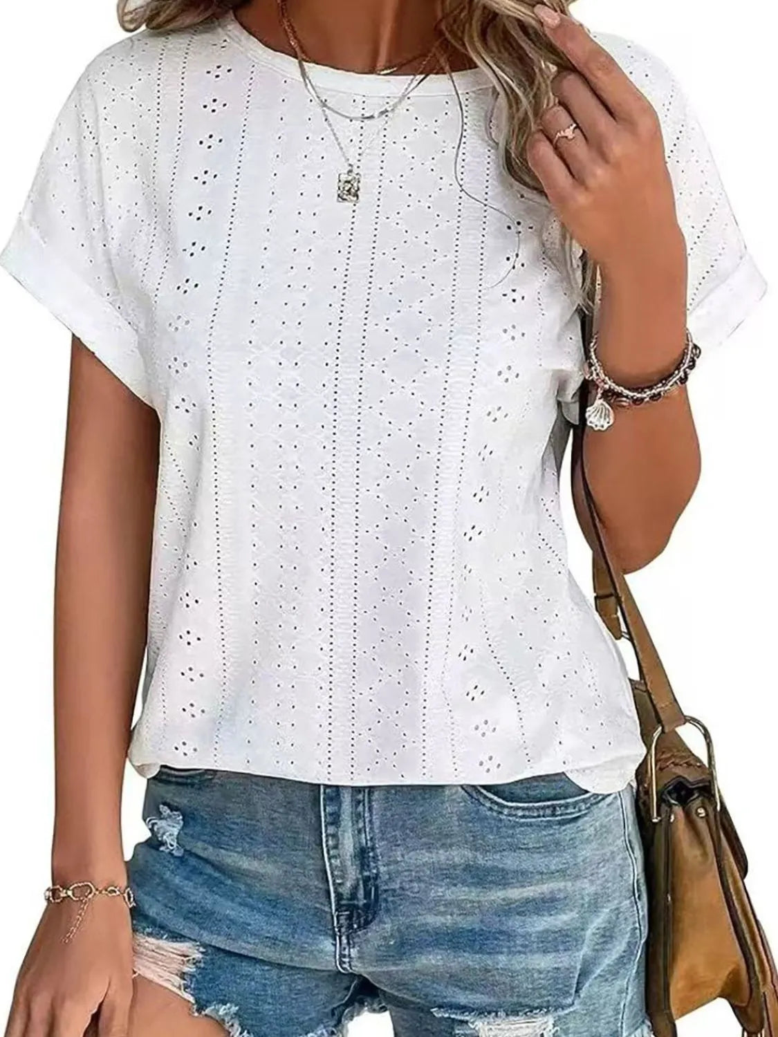 Eyelet Round Neck Short Sleeve T-Shirt