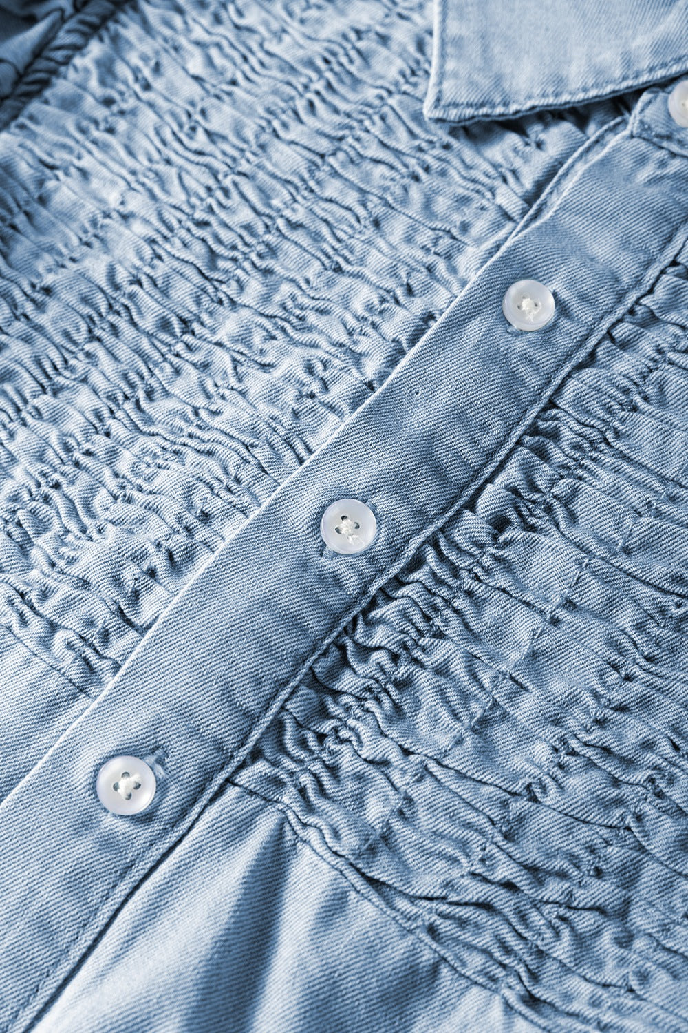 Smocked Collared Neck Cap Sleeve Denim Dress