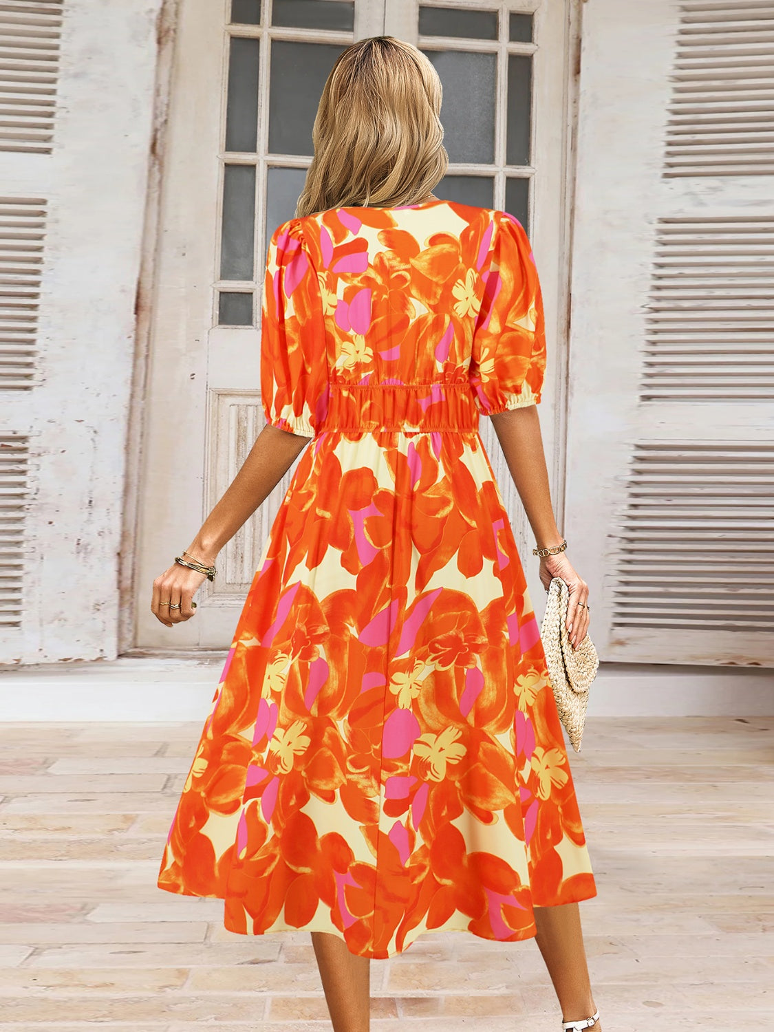 Ruched Printed Surplice Short Sleeve Dress - felvior