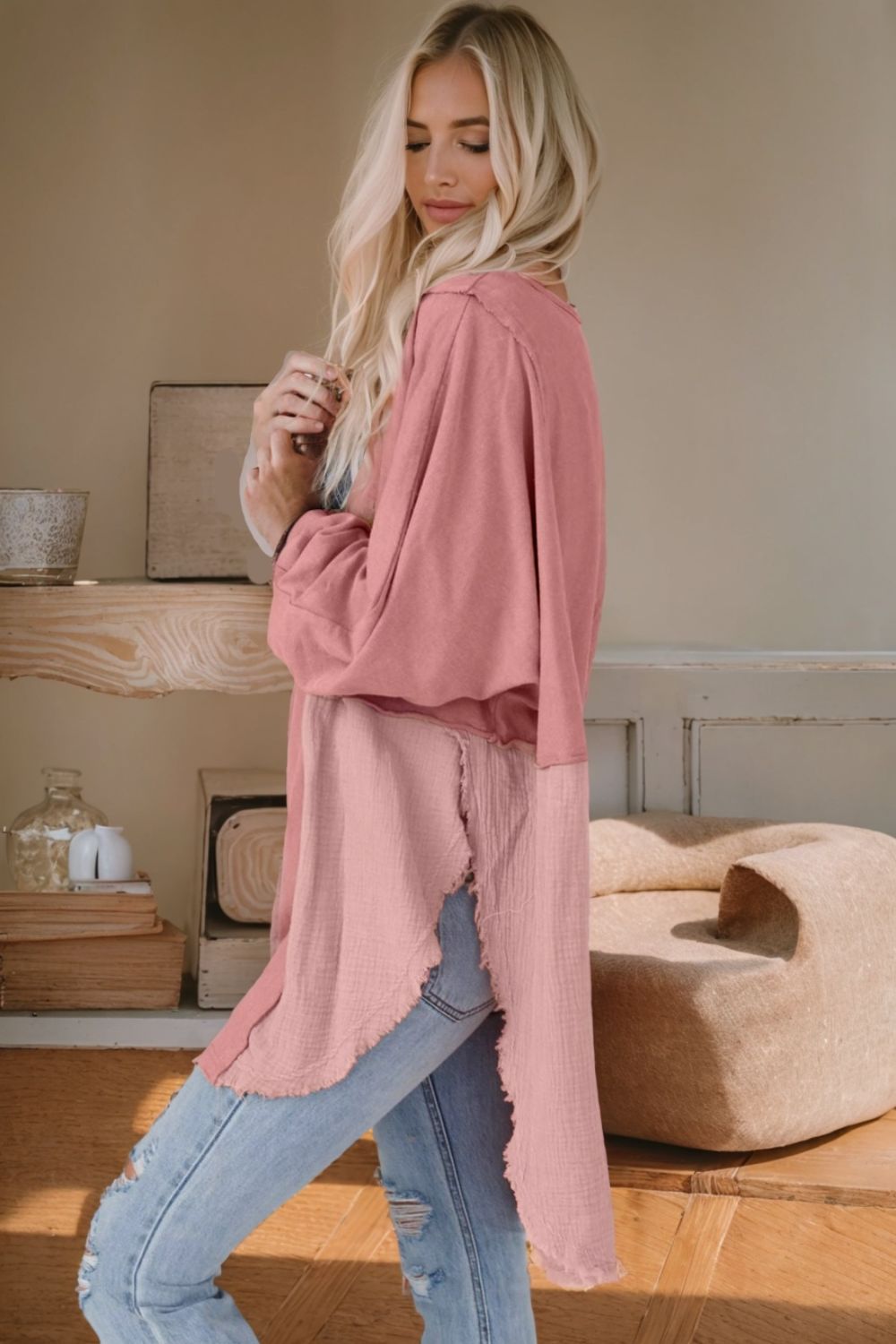 Contrast Texture Round Neck Long Sleeve Blouse - felvior
