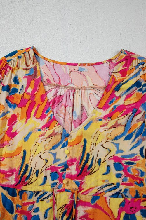 Printed Flare Sleeve Ruffled Hem Dress - felvior