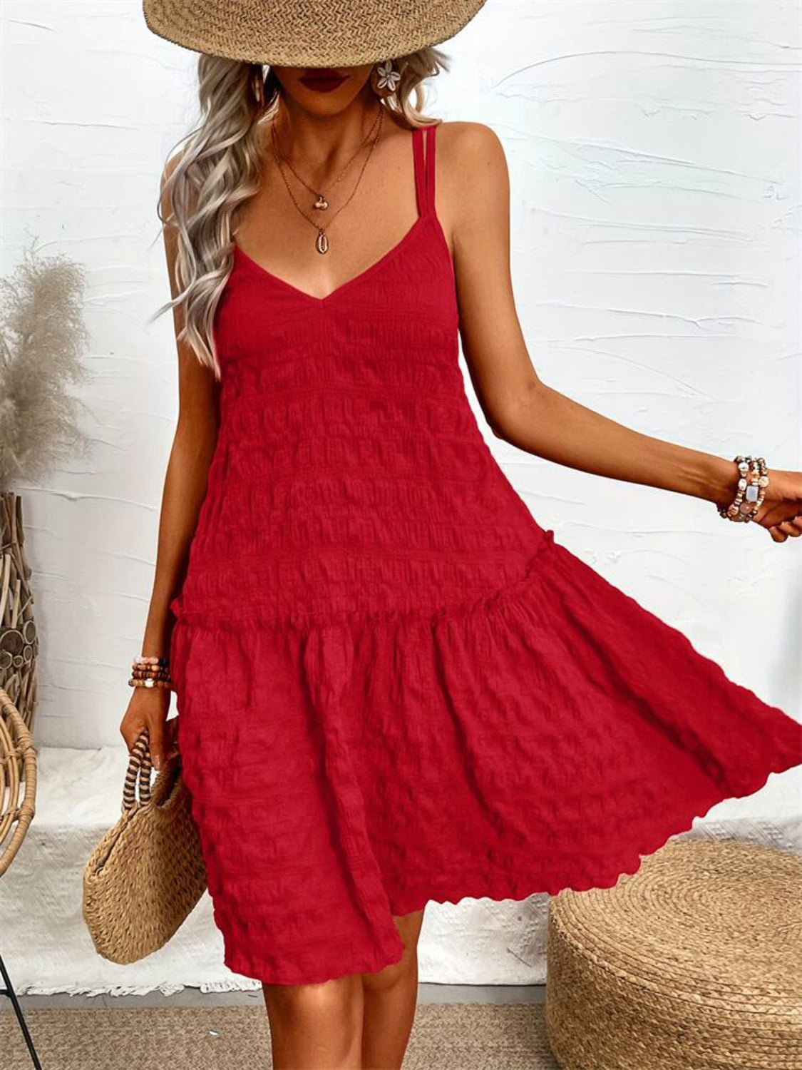 Crisscross Double Spaghetti Straps Tiered Cami Dress - felvior