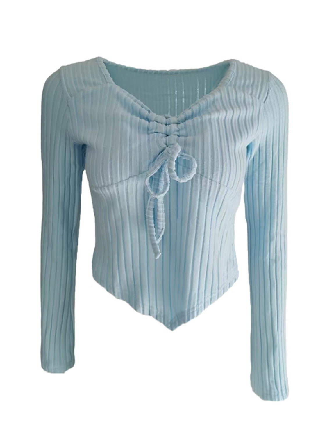 Drawstring Ruched Long Sleeve Ribbed Top - felvior