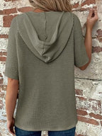 Drawstring Waffle-Knit Short Sleeve Hooded Top