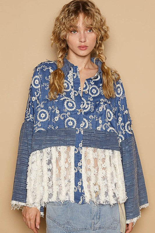 POL Lace Hem Embroidered Long Sleeve Shirt - felvior