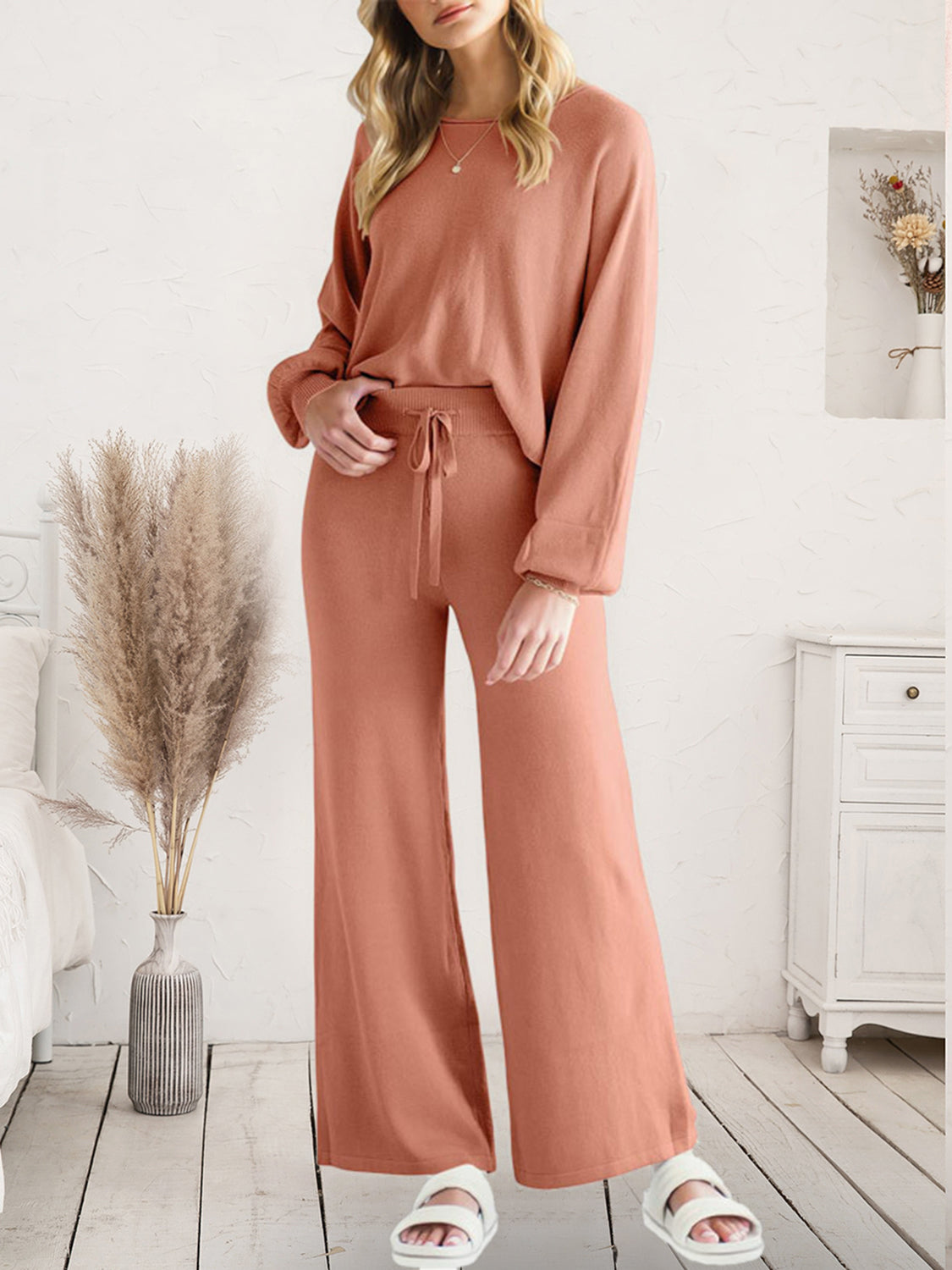 Long Sleeve Lounge Top and Drawstring Pants Set - felvior
