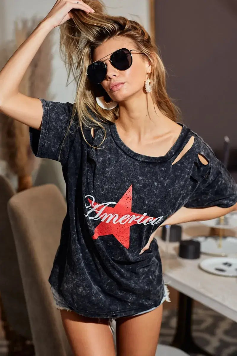 BiBi Laser Cut Mineral Washed Jersey Top with America