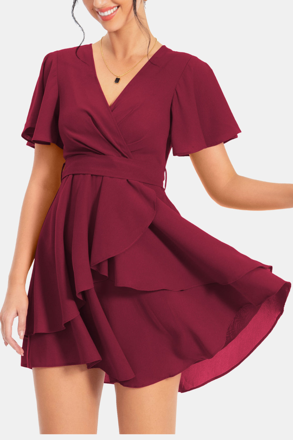 Surplice Neck Flutter Sleeve Dress - felvior