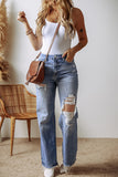 Distressed Straight Leg Jeans with Pockets - felvior