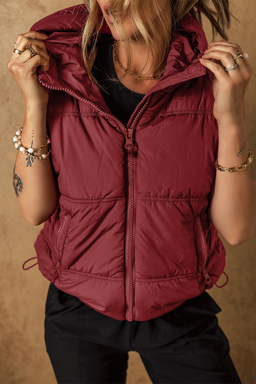 Drawstring Zip Up Hooded Vest Coat - felvior