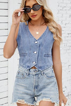 Button Down V-Neck Denim Vest