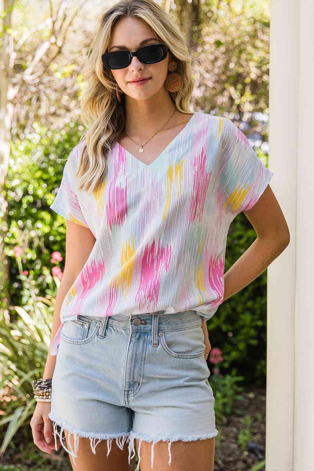 High-Low V-Neck Short Sleeve Blouse - felvior