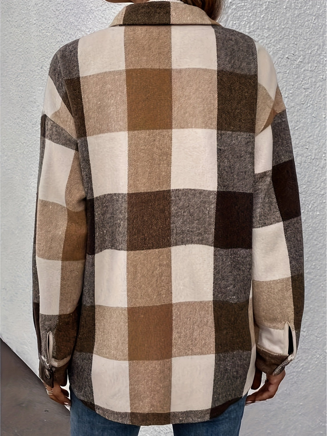 Curved Hem Plaid Collared Neck Shacket - felvior
