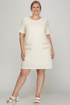 She + Sky Full Size Short Sleeve Pearl Studded Trim Knit Tweed Dress Plus Size