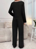 Contrast Trim Notched Long Sleeve Top and Pants Lounge Set - felvior