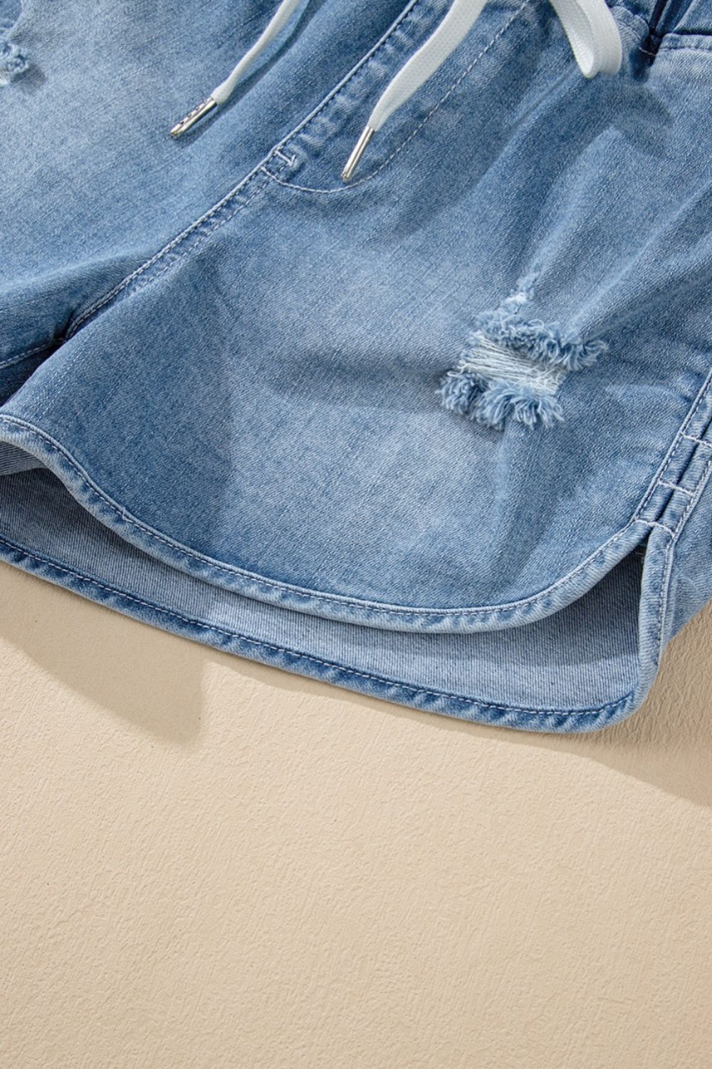 Drawstring High Waist Distressed Denim Shorts - felvior