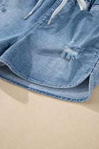 Drawstring High Waist Distressed Denim Shorts