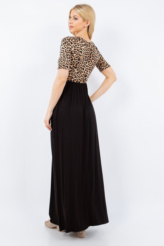 Celeste Full Size Leopard Round Neck Maxi Dress with Pockets Plus Size - felvior