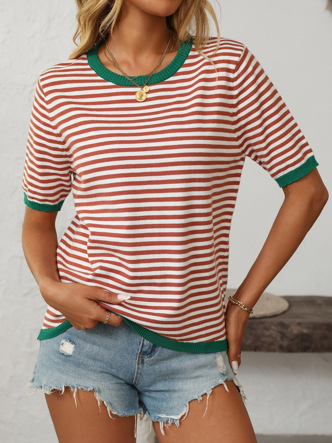 Mandy Striped Round Neck Half Sleeve Knit Top - felvior