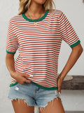 Mandy Striped Round Neck Half Sleeve Knit Top - felvior