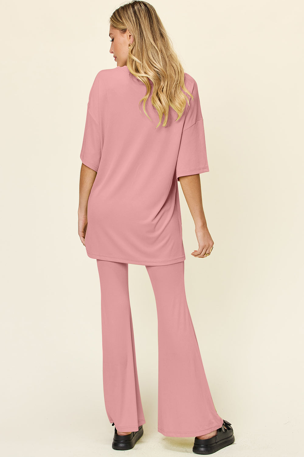 Double Take Full Size Round Neck Drop Shoulder T-Shirt and Flare Pants Set - felvior