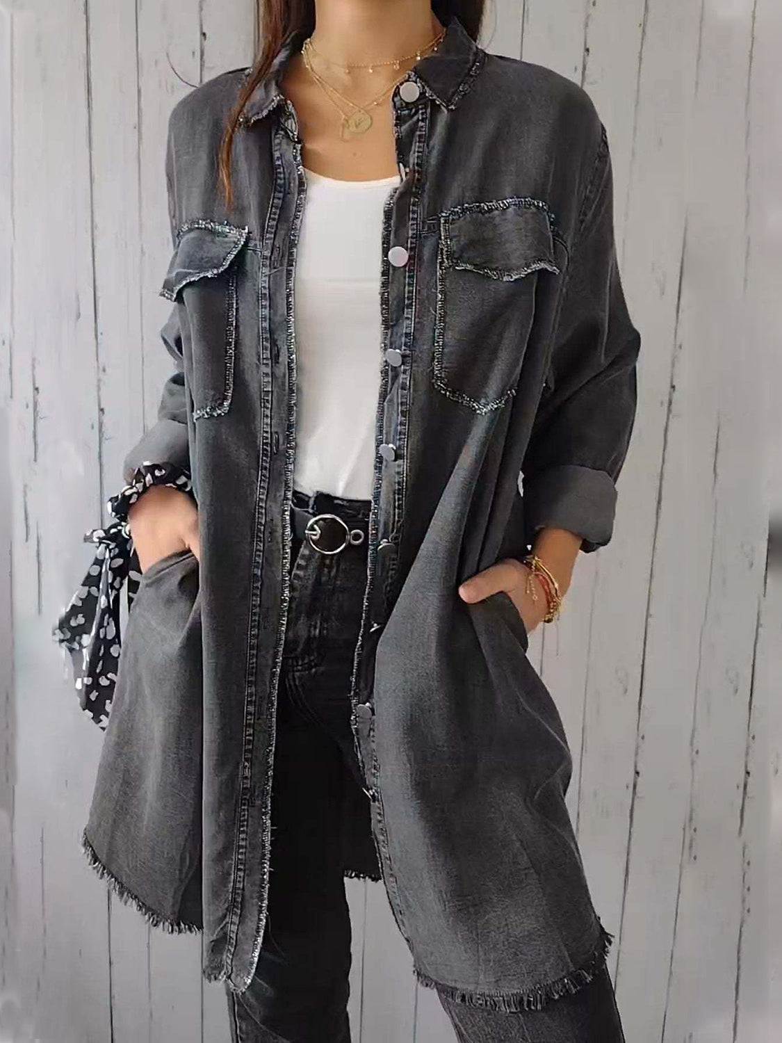 Full Size Raw Hem Button Up Long Sleeve Denim Top Plus Size - felvior