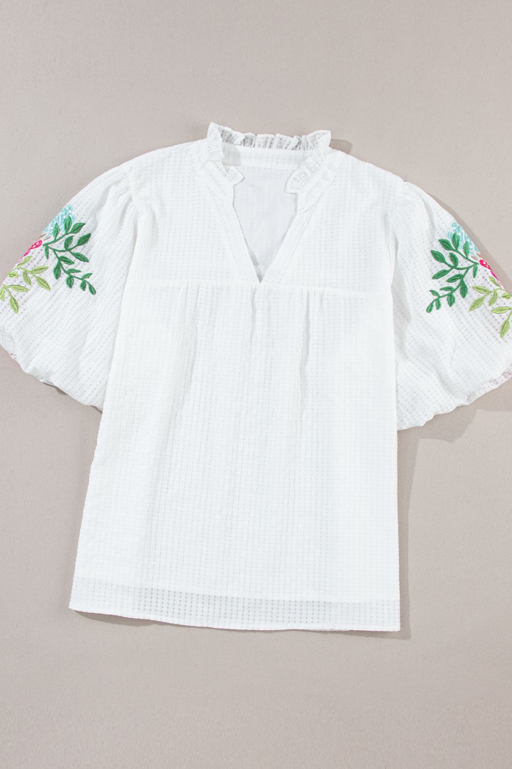 Floral Embroidered Puff Sleeve Notched Blouse - felvior