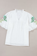 Floral Embroidered Puff Sleeve Notched Blouse