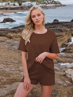 Round Neck Short Sleeve Top and Shorts Sweater Set