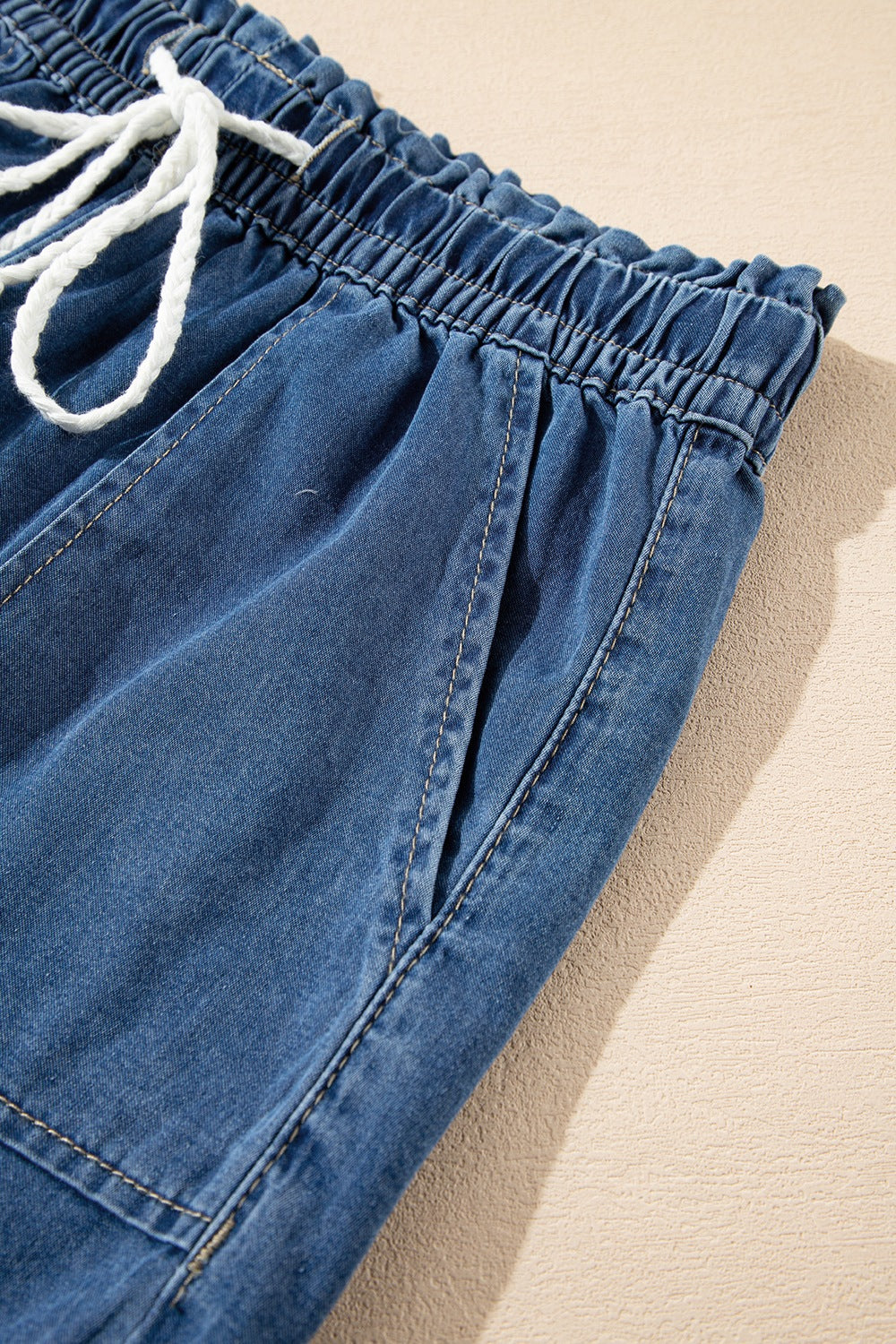 Raw Hem Drawstring High Waist Denim Shorts with Pockets - felvior
