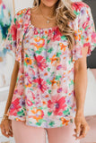 Floral Square Neck Ruffle Sleeve Blouse - felvior